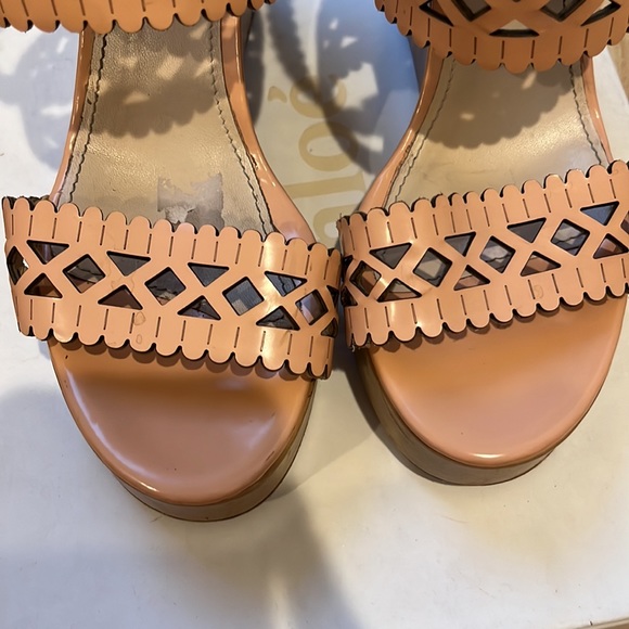 Chloé Aliseo Laser Cut Calf Wedge Sandals in Beige - Picture 3 of 10